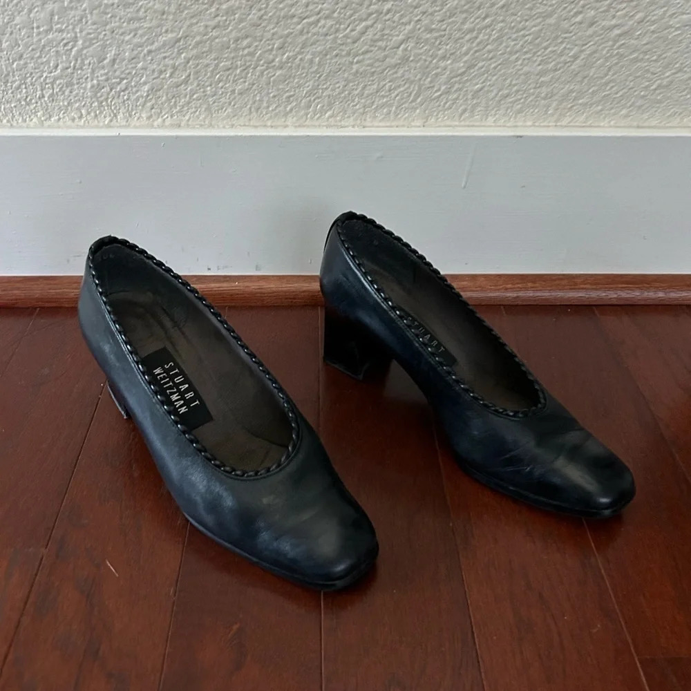 Stuart Weitzman Leather Pumps Black Acetate Trim Square-toes block heels size 7 - Picture 4 of 10